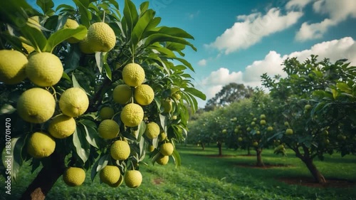 Lush green orchard with vibrant yellow fruit close-up view of spherical fruits hanging from tree branches under soft natural light against a clear blue sky with scattered clouds