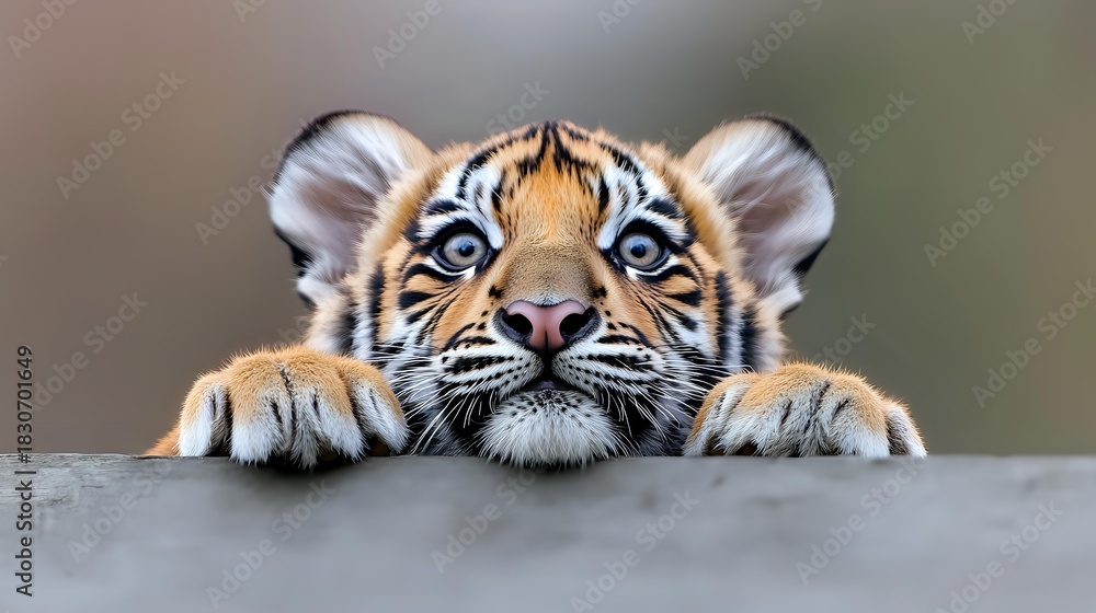 Obraz premium Adorable tiger cub peeking over edge with bright blue eyes and distinctive orange and black striped fur pattern, capturing wildlife conservation awareness.