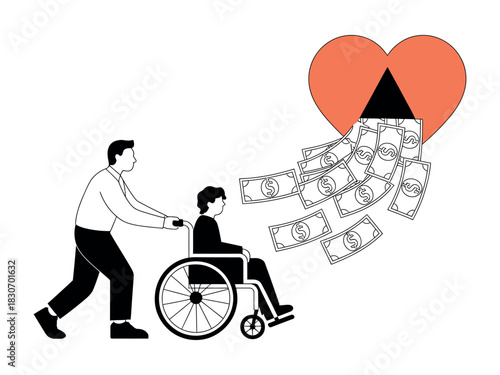 Man pushing person in wheelchair with money flowing from heart illustration