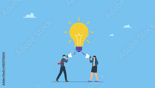 Business people talk on megaphone with idea. Communication message, announcement or conversation to communicate idea, information or discussion speech, advertising strategy, speaking or talk.