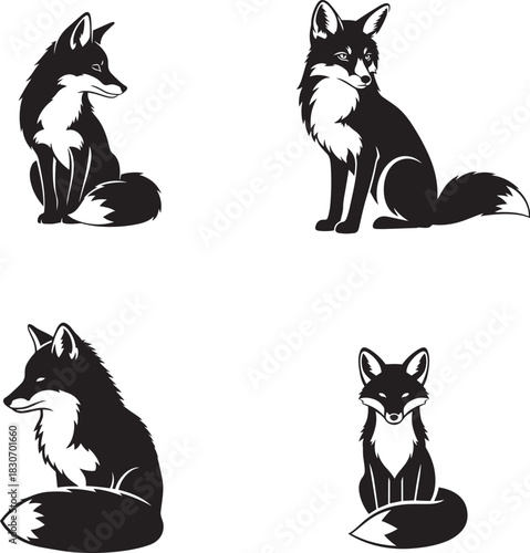Black and White Fox Silhouette Set - Sitting Wildlife Animal Vector Graphics