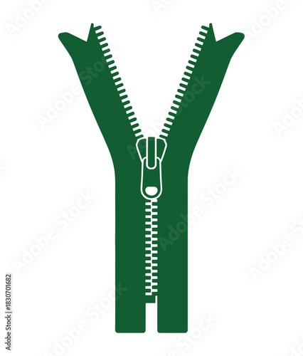An isolated green zipper is partially open on a plain white background image