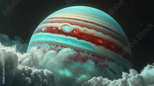 Vibrant view of Jupiter planet showcasing dynamic swirling clouds and distinctive colored bands illuminated by soft ethereal light against a dark cosmic backdrop highlighting atmospheric textures and