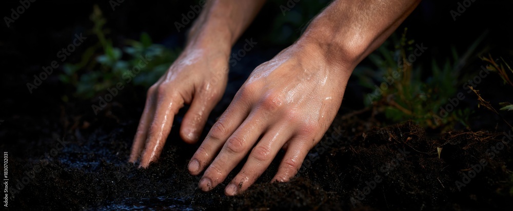 Naklejka premium Wet hands gently touch moist soil to experience its natural texture.