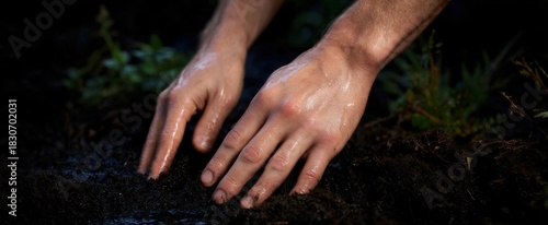 Wet hands gently touch moist soil to experience its natural texture.