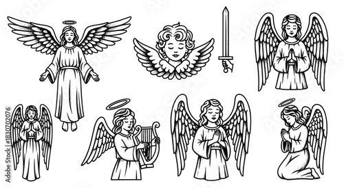 Collection of Angelic Figures and Symbols in Black and White Illustration.