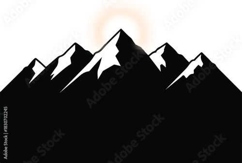 Minimalist Mountain Range Silhouette with Sun or Moon Rise Graphic