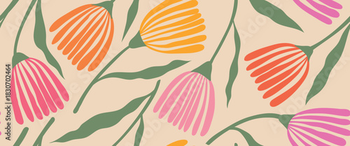 floral vintage print of wild flowers with green leaves, ditsy and pretty simple vibe on a white background. Seamless retro pattern for girl, woman dress, fashion fabric textile. Vector illustration