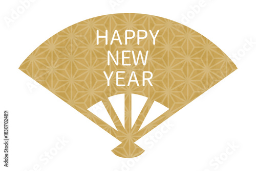 金色の麻の葉模様の扇とHAPPY NEW YEAR文字の新年デザイン