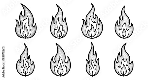 Set of Eight Stylized Fire Flame Icons in Black and White.