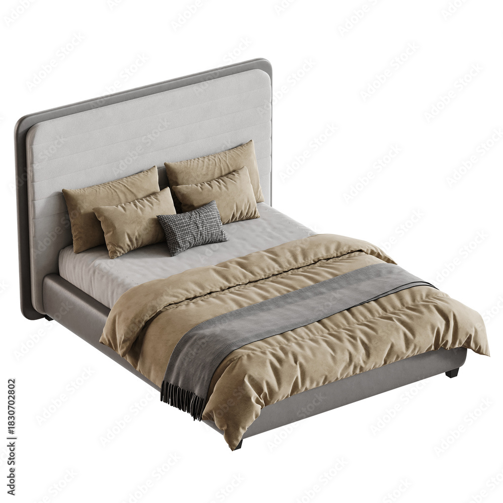 Obraz premium Bed with a white headboard and a tan comforter