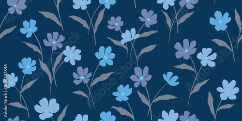 Floral liberty pattern with small colorful flowers field on a blue background. Repeating ditsy doodle flower meadow background. Vector design for paper, cover, fabric, interior decor and other.