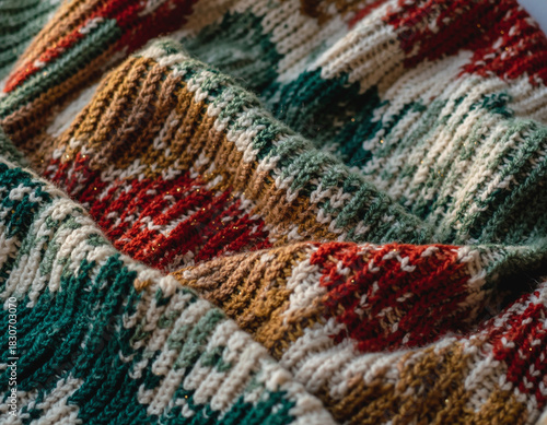Festive knitted fabric with glitter and striped pattern resembling Christmas ornaments