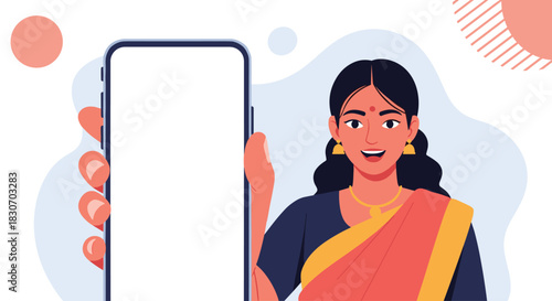 Happy Indian woman in a traditional saree smiling and showing a smartphone with a blank white screen for mockup.