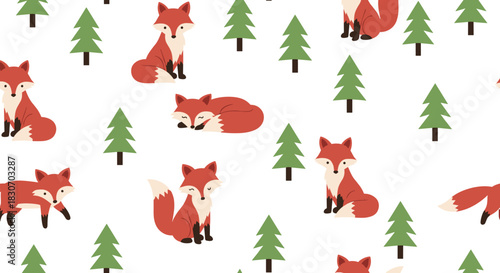 Cute and simple seamless pattern with cartoon foxes in various poses and green pine trees on a white background.