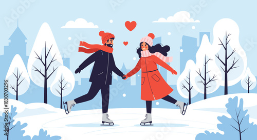 Romantic couple wearing winter clothes holding hands and ice skating together in a snowy city park for Valentine's Day.