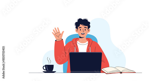 Friendly young man waving hello while sitting at his desk with a laptop during a video call for work or online learning.