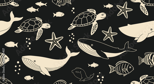 Seamless underwater pattern with beautifully illustrated whales sea turtles fish and starfish on a dark background for marine themes.