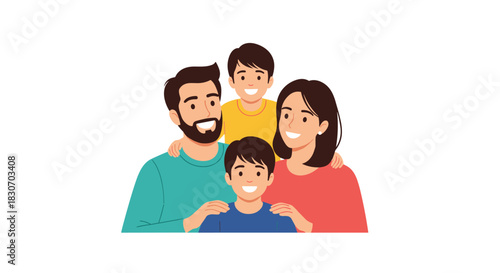 Portrait of a happy and loving family of four with a mother father and two sons smiling and embracing each other with joy.
