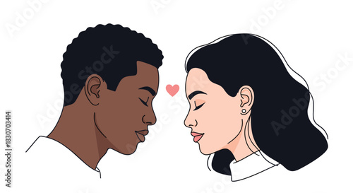 Tender portrait of a diverse interracial couple in love facing each other with closed eyes and a heart symbolizing their connection.