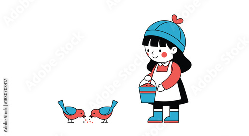 Cute cartoon of a little girl in a winter hat and apron kindly feeding seeds to two small birds from a bucket illustration.