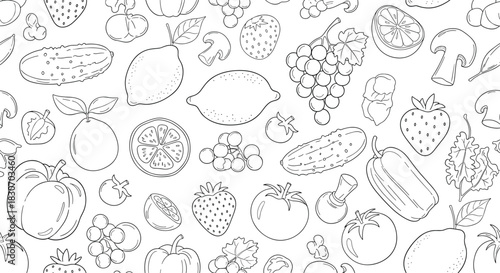 Seamless black and white pattern of hand-drawn fruits and vegetables including tomatoes lemons strawberries and grapes for a healthy food theme.