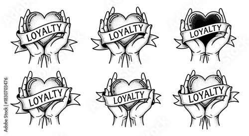 Hands holding heart with loyalty banner tattoo style illustration.