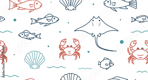 Seamless nautical pattern with cute line art illustrations of fish crabs stingrays and seashells in a simple two-color design.