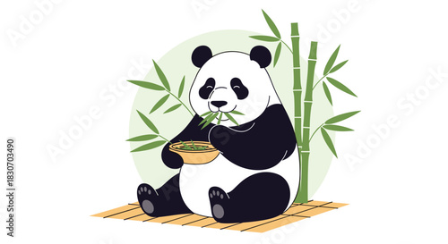 Adorable giant panda character sitting happily and eating fresh green bamboo leaves from a bowl in a cute vector illustration.