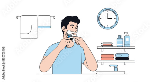 Man's daily morning routine in a bathroom illustration showing him shaving his face with a razor in front of a mirror.