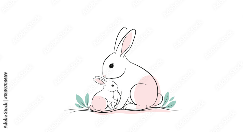 Obraz premium Gentle illustration of a mother rabbit tenderly nuzzling her baby bunny in a minimalist line art style with pastel pink accents.