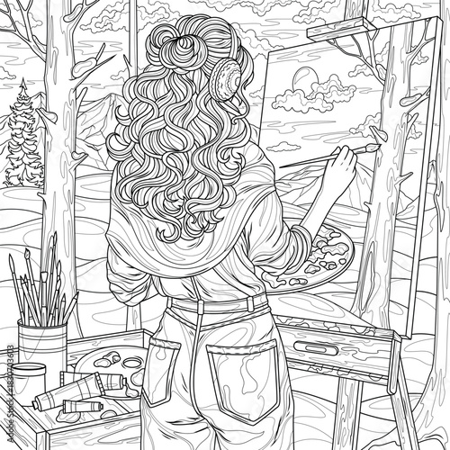 The artist paints winter landscape in nature.Coloring book antistress for children and adults. 