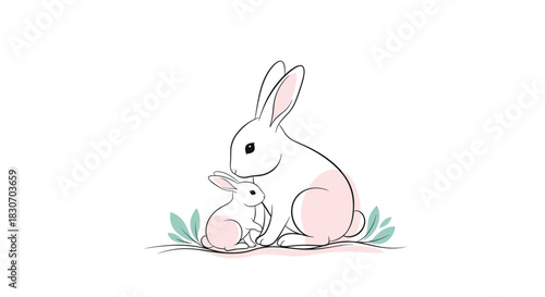 Gentle illustration of a mother rabbit tenderly nuzzling her baby bunny in a minimalist line art style with pastel pink accents.