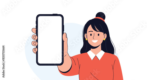 Smiling young woman holding and showing a modern smartphone with a blank white screen for mockup or presentation purposes.