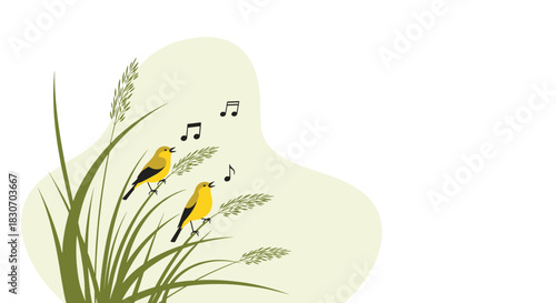 Two charming yellow birds perched on green reeds singing a cheerful song with musical notes floating in the air on a pastel background.