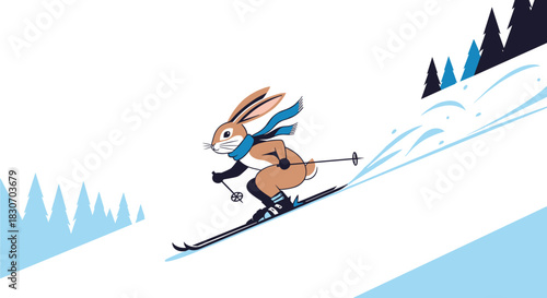 Whimsical cartoon rabbit wearing a blue scarf and holding ski poles enjoys skiing down a snowy mountain slope in winter.
