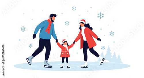 Happy family with a mother father and daughter holding hands and ice skating together on a frozen rink in a winter snow scene.