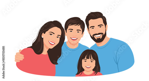 Cheerful portrait of a happy young family with a mother father son and daughter smiling and hugging each other with love.