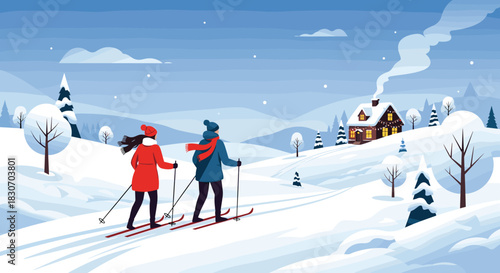 Romantic couple enjoying cross-country skiing in a beautiful snowy winter landscape heading towards a cozy cabin in the woods.