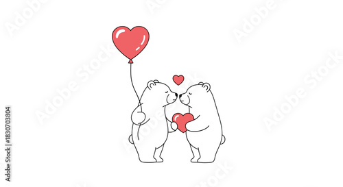 Cute couple of cartoon polar bears in love kissing and holding red hearts celebrating valentine's day on a white background.