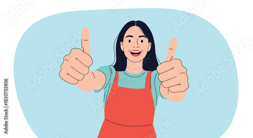 Happy and enthusiastic young woman wearing a red apron smiling and showing two thumbs up as a gesture of approval.