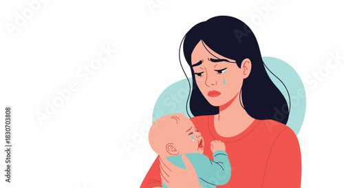 Exhausted and sad young mother crying while trying to comfort her crying newborn baby illustrating the challenges of motherhood.