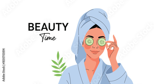 Relaxed young woman in a bathrobe and towel enjoying a beauty treatment with cucumber slices on her eyes for skin care.