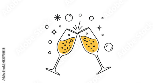 Two champagne glasses clinking in a toast to celebrate a special occasion in a simple and elegant line art style design.