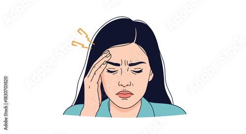 Young woman suffering from a severe headache or migraine touching her temple with a painful expression and closed eyes.