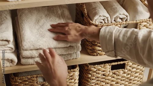 Organizing Folded Towels Into Woven Basket Storage on Wooden Shelves, Home Decor