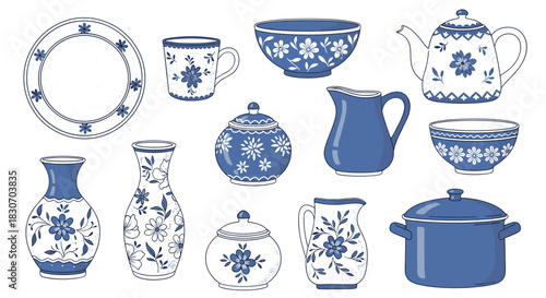 Elegant collection of vintage blue and white porcelain tableware including plates cups vases and pots with delicate floral patterns.