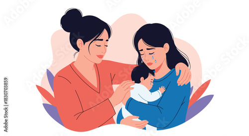 Supportive woman comforting her friend who is suffering from postpartum depression and crying while holding her newborn baby.