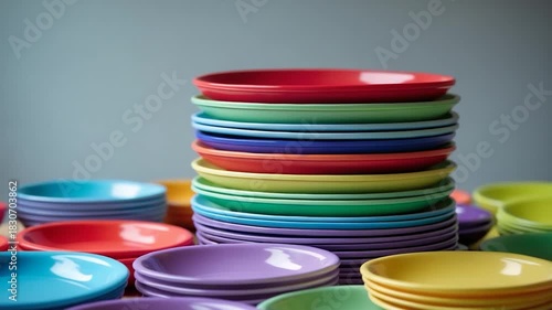 Stack of colorful ceramic plates in various sizes featuring blue red green yellow and purple hues arranged artistically on a smooth surface with soft lighting creating vivid reflections