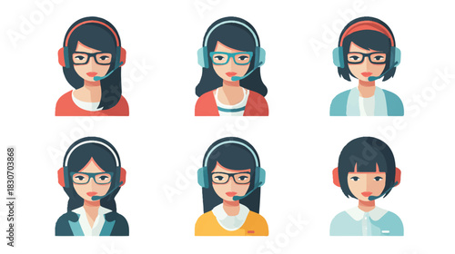 Collection of Female Call Center Agents with Headsets and Glasses Portraits